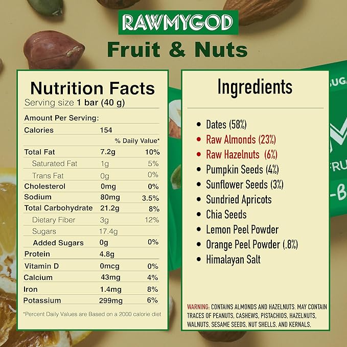 RAWMYGOD Fruit and Nut Bars, Good Source of Protein (4.8g, 12% protein content), Gluten Free, Vegan, No Added Sugar (16 bars, Fruit & Nuts)