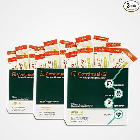 CONTINUAL - G Powder - Clinically Proven Cellular Glutathione Precursor | Benefit of Glyteine & Sunfiber | Immune Support, Master Antioxidant, Detox, Brain Health & Skin Care | 180 Sachets
