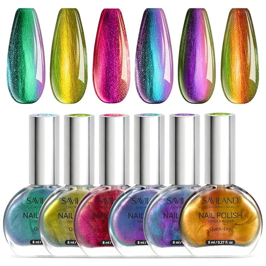 SAVILAND Chameleon Nail Polish Set: 12-Free Holographic Nail Polish Quick Dry 6 Colors Ultra Chrome Color Shifting Fingernail Polish Set Metallic Galaxy Nail Art DIY Christmas Gift For Women