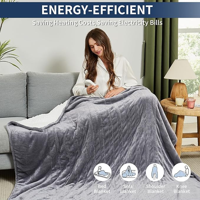Heated Electric Blanket Queen Size - 84"x90" Flannel Heating Blanket with 10 Heating Levels & 5 Time Settings Over-Heat Protection, Winter Warmer for Adults with ETL Certification（Grey）