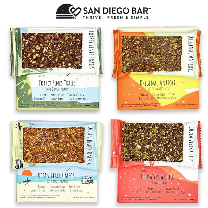 San Diego Bar - Raw, Vegan Protein Bar | Variety Pack 12 Bars, All Natural, Gluten & Soy Free - Nutrition Meal Bar with No Added Sugars | 5 Flavors, 10g Protein from Only 6 Natural Whole Food Ingredients