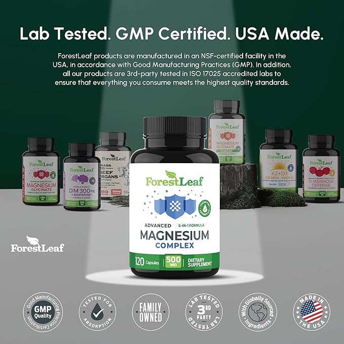 ForestLeaf Magnesium Complex 500mg - 500mg Capsules - Supplement 500 mg - for Sleep, Constipation - Supplement for Women (120 Ct)