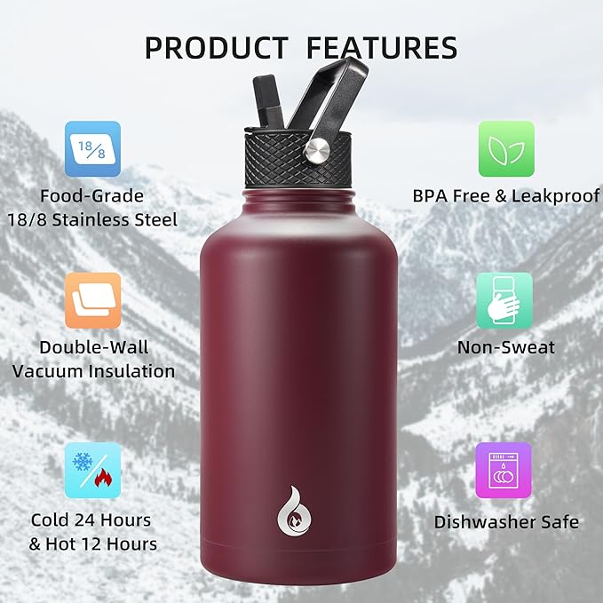 BJPKPK Half Gallon Insulated Water Bottles with Straw Lid, 64oz Large Water Jug, Stainless Steel Bottles with 3 Lids and Paracord Handle, Thermo for Hot & Cold Liquid, Brick Red