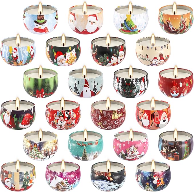 24Pack Christmas Scented Candle Tins Gift Set - Soy Wax Festive Aromatherapy Candles 2.5oz- Smokeless Long Lasting Burn time for Advent & Christmas Gifts Holiday Decor & Gifting.