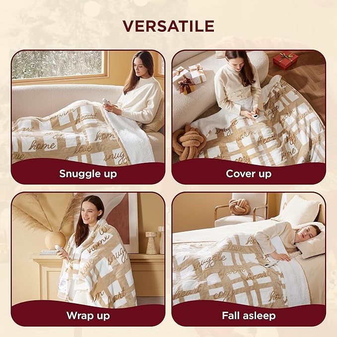 Bedsure Healing Electric Blanket Twin - Soft Flannel Sherpa Heated Blanket with Inspirational Words, Gift for Grandma, Heating with 6 Heating Levels, 10 Time Settings, 8-Hour Auto-Off (62x84 inches)