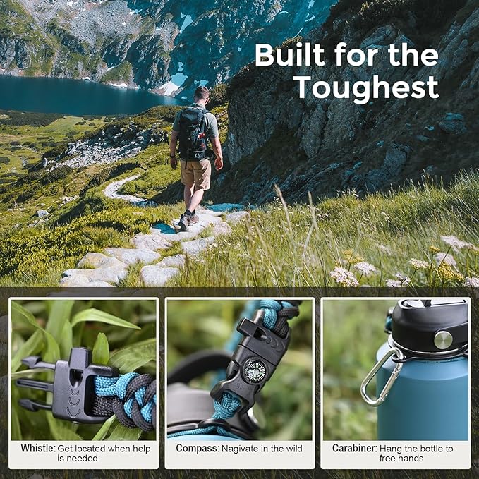 Insulated Water Bottle 40oz (Cold for 48 Hrs), Stainless Steel Water Bottle with Handle & Straw Lid & Paracord Handle, Triple Wall Vacuum Leakproof Travel Flask, Fit in Any Car Cup Holder