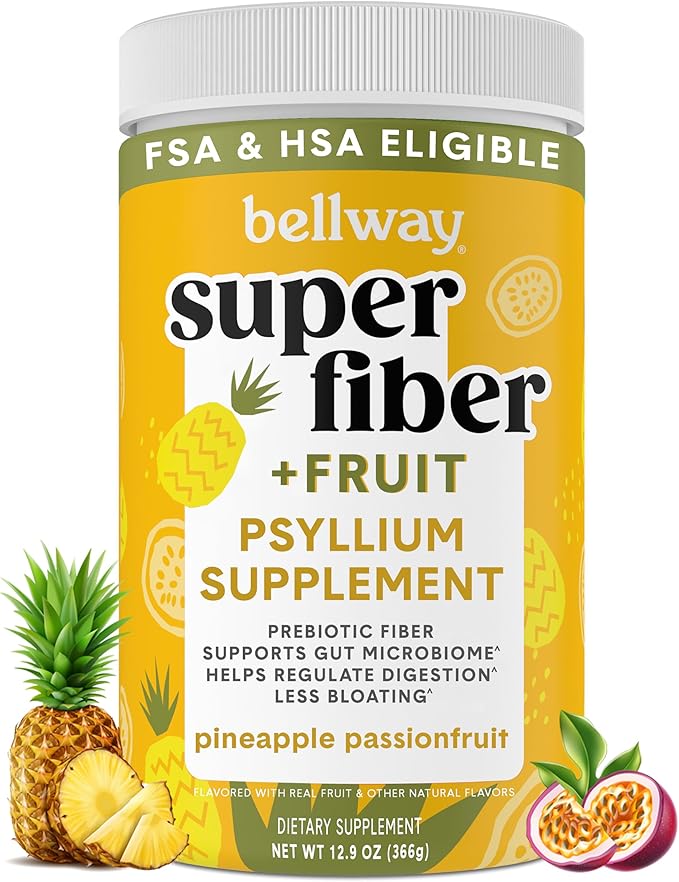 Bellway Super Fiber Powder + Fruit, Sugar Free Organic Psyllium Husk Powder Fiber Supplement for Regularity, Bloating Relief & Digestive Health, Plant-Based, Pineapple Passion Fruit (50 Servings)