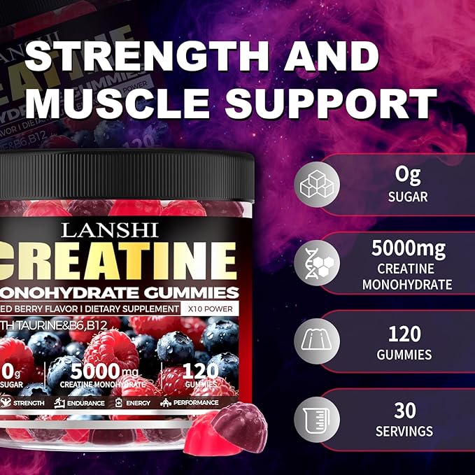 Creatine Monohydrate Gummies 5000mg - Sugar Free Pre Workout Supplement for Men & Women, Creatine Gummies for Muscle, Strength, Recovery, Cognitive Health & Memory, Mixed Berry Flavor, 120 Count