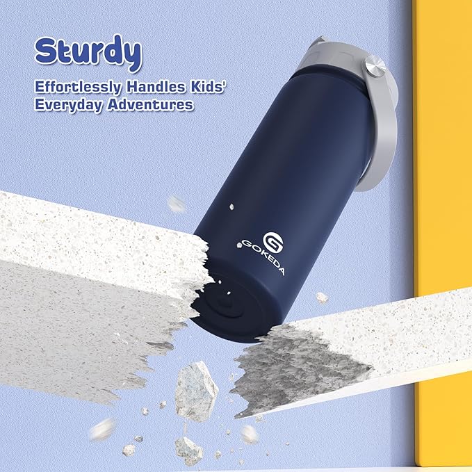 GoKEDA 18oz Kids Water Bottle, Insulated Water Bottles with Stickers, 18/8 Stainless Steel Vacuum Leak Proof Straw Cup for School, Gifts for Boys(Dark Blue)