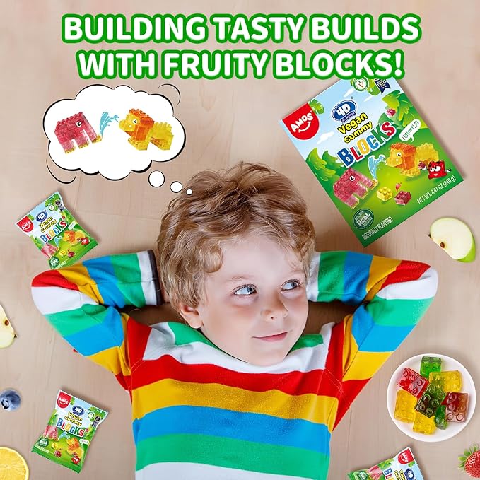 AMOS 4D Vegan Gummy Blocks Candy – Assorted Fruit Flavors, Made with Real Juice, Fun-to-Build Edible Blocks, Fat-Free, 8.47oz (240g)