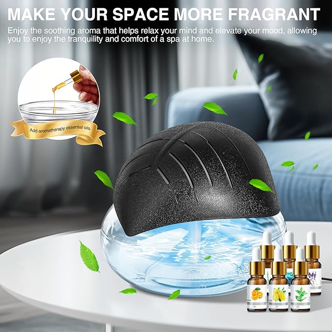Water Air Purifier for Home with Essential Oil Diffuser & Humidifier, Rainbow Air Washer with LED Mood Light- Includes 6x10ml Essential Oils, Air Revitalizer for Smoke and Pets, Black