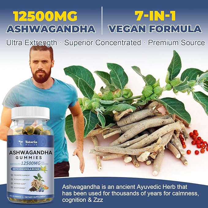 Sugar Free Ashwagandha Filled Gummies w/Vitamin D3, Magnesium Glycinate, Rhodiola, Ultra Strength Ashwa Root Supplements for Women & Wen, for Relaxation, Energy, Cortisol Gummies