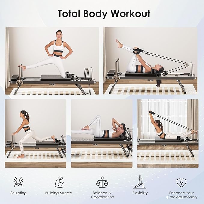 DlandHome Pilates Reformer, Foldable Pilates Reformer Machine with Springs & Resistance, Suitable for Advanced and Beginners Users Adjustable Pilates Equipment for Full-Body Home Workout Up to 330 lbs