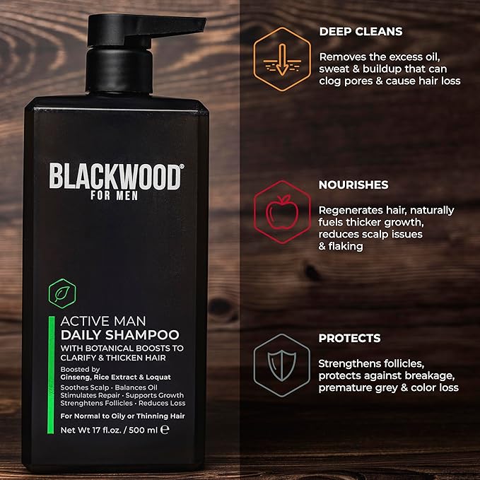 BLACKWOOD FOR MEN Active Man Daily Shampoo - Thickening & Clarifying Shampoo for Normal to Oily Hair or Scalp - Fights Hair Loss - Natural Vegan Formula - Sulfate Free with Ginseng & Aloe Vera (17oz)