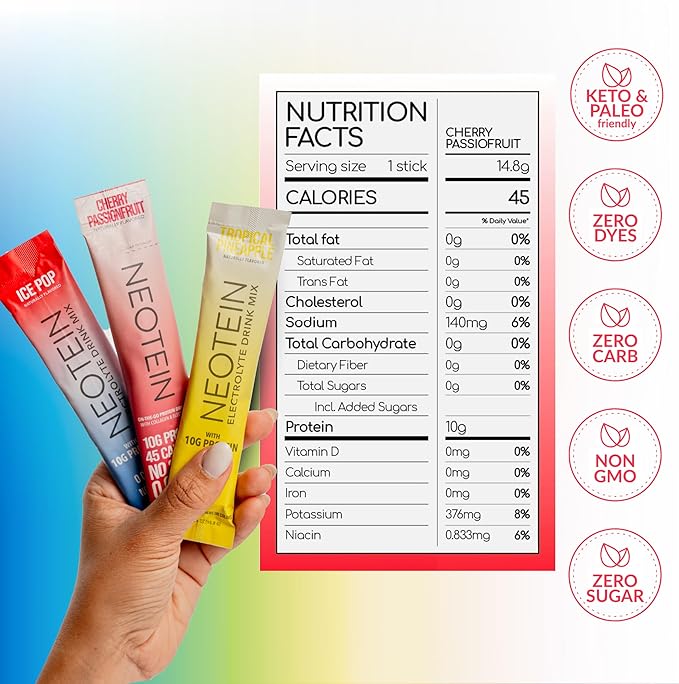 NEOTEIN: Electrolyte Powder Packets, Protein Powder with 10g Protein & Collagen - Hydration Packets - Zero Sugar, NO Fillers, NO Carbs | Variety Pack | 40 Calories | Keto & Paleo | Pack of 24