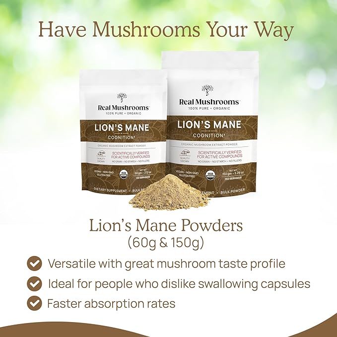 Real Mushrooms Lion’s Mane Supplement Powder - Organic Lions Mane Extract - Functional Mushrooms with Verified Beta Glucans – Functional Blend – Non-GMO, Vegan with 150 Servings
