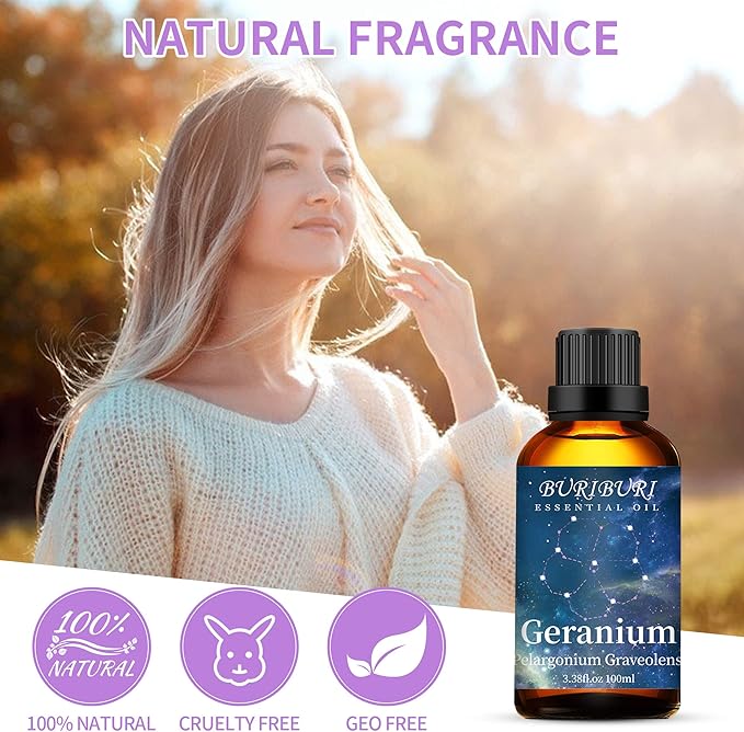 BURIBURI 100ML Geranium Essential Oil, 100% Pure Undiluted Aromatherapy Geranium Oil 3.38fl.oz for Soap, Candle Making, Massage, Diffuser, Humidifier
