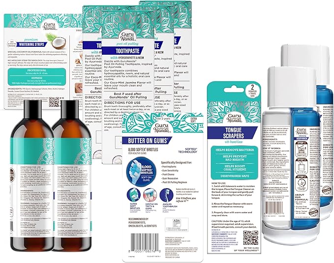 GuruNanda Family Complete Oral Care Set – The Ultimate Routine with Oil Pulling, Toothbrush, Toothpaste, Tongue Scraper, Floss Picks, Mouthwash & Whitening Strips