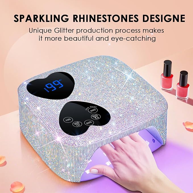 UV LED Nail Lamp Cordless, HUITINE 80W Rechargeable UV Light for Gel Nails, Professional Gel Light Dryer with 5 Timers & Mirror Base, Sparkling Rhinestones Diamond Curing Lamp for Salon & Home