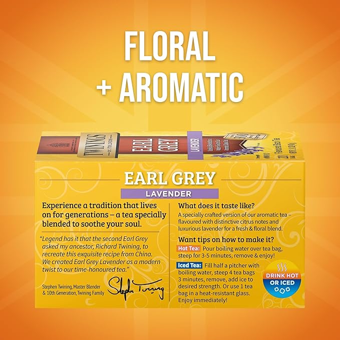 Twinings Earl Grey Lavender Black Tea Individually Wrapped Bags, 20 Count (Pack of 6), Citrus, Bergamot & Floral, Caffeinated, Enjoy Hot or Iced, 120 Teabags