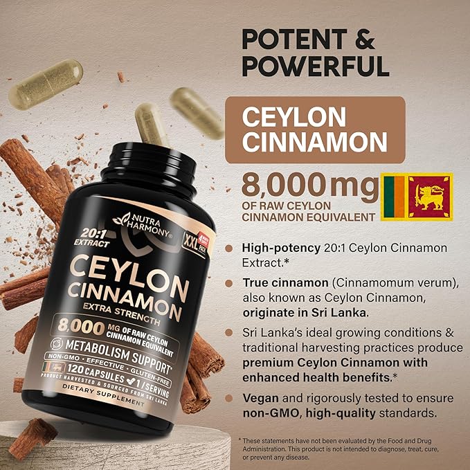 Ceylon Cinnamon Capsules - Extra Strength - Energy, Heart & Metabolism Support - for Men & Women - Pure Natural Extract 20:1 Supplement - Made in USA - GMO & Gluten Free, 120 Capsules, 4 Month Supply