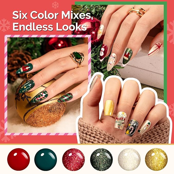 MelodySusie Highly Pigmented Gel Nail Polish Set, 0.56 fl.oz Tilt-and-Stand Bottle, HEMA Free Plant-Based, 6 Colors Christmas New Year, Soak Off UV LED Manicure Kit Gift Box(Red Glitter Gold Green)