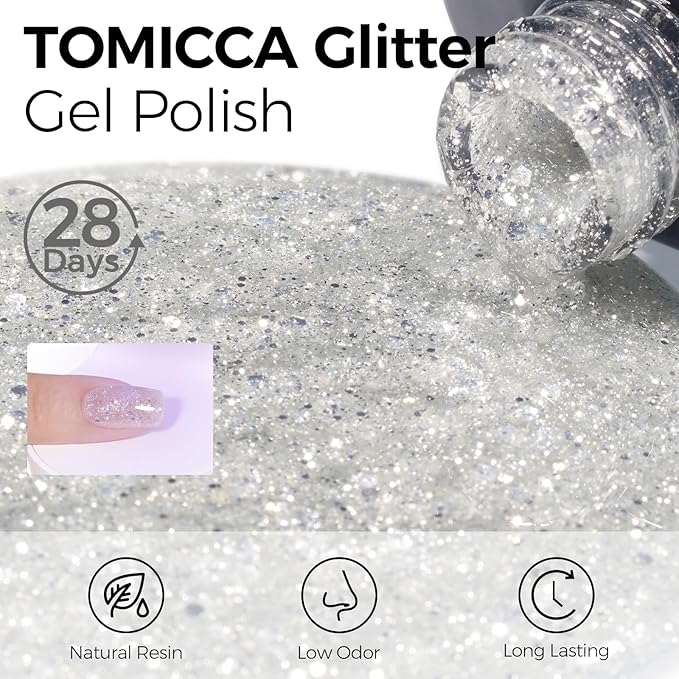 TOMICCA Clear Glitter Gel Nail Polish, Sparkle Sheer Silver Nail Gel Polish, Soak Off UV Transparent Shimmer Clear Nail Polish Natural Color Nail Art DIY Manicure Salon