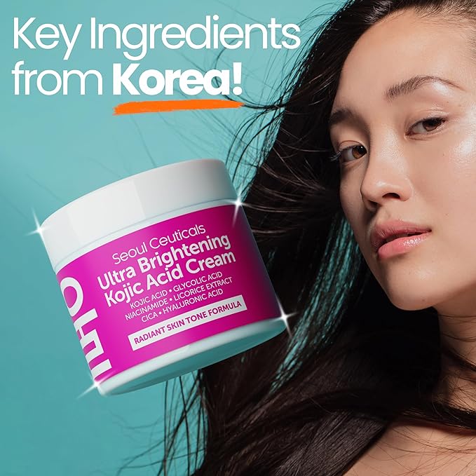 SeoulCeuticals Korean Kojic Acid Cream Dark Spot Remover + Glycolic Acid + Niacinamide + Cica + HA Moisturizer - Cruelty Free K Beauty Skincare 2oz