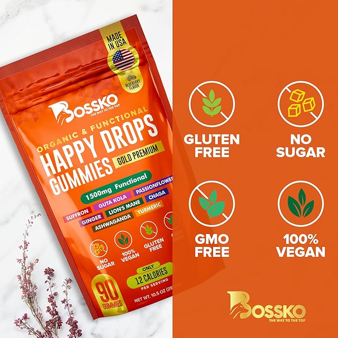 Happy Drops – Daily Superfood Gummies for Mood Support, Focus and Energy – Sugar-Free, Vegan, Blueberry Flavor – 90 Gummies for Adults – Daily Support for Mood, Focus and Natural Energy