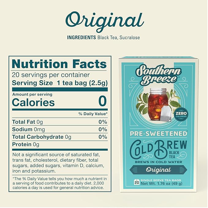 Southern Breeze Cold Brew Sweet Tea Original Iced Tea with Black Tea and Zero Carbs Zero Sugar, 20 Individually Wrapped Tea Bags, Pack of 4