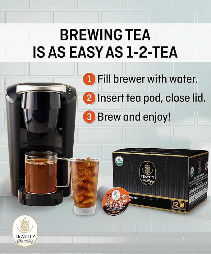 Coconut Rooibos Tea Pods for Keurig - Organic Ginger Tea, Rooibos, Cinnamon, Cardamom, Coconut by Coconut Island Teavity (24 Tea Pods)