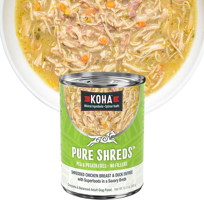 KOHA Pure Shreds Chicken and Duck Entrée for Dogs, 12.5oz Cans (Pack of 12)