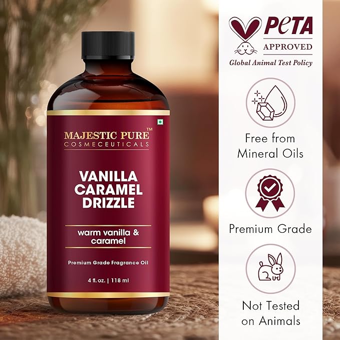 MAJESTIC PURE Vanilla Caramel Drizzle Premium Oil | Vanilla & Caramel Flavour | Premium Grade Fragrance Oil Used in Diffusers, DIY, Self Care | 4 Fl Oz