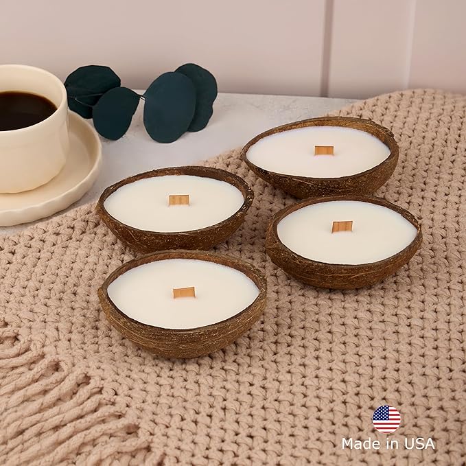 – Set of 4 Separate Scented Candles | Coconut Shell Candle, Wooden Wick | Candles for Home Scented & Candle Décor I Gift idea (Cashmere/Pistachio/Coffee/Salted Caramel)
