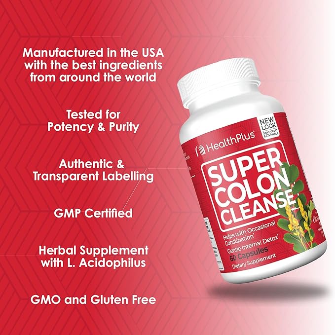Health Plus Super Colon Cleanse Night Formula Digestive Support | Constipation Relief to Reduce Bloating with Probiotics and Valerian Root for Sleep | More than 1 Cleanse, 60 Capsules