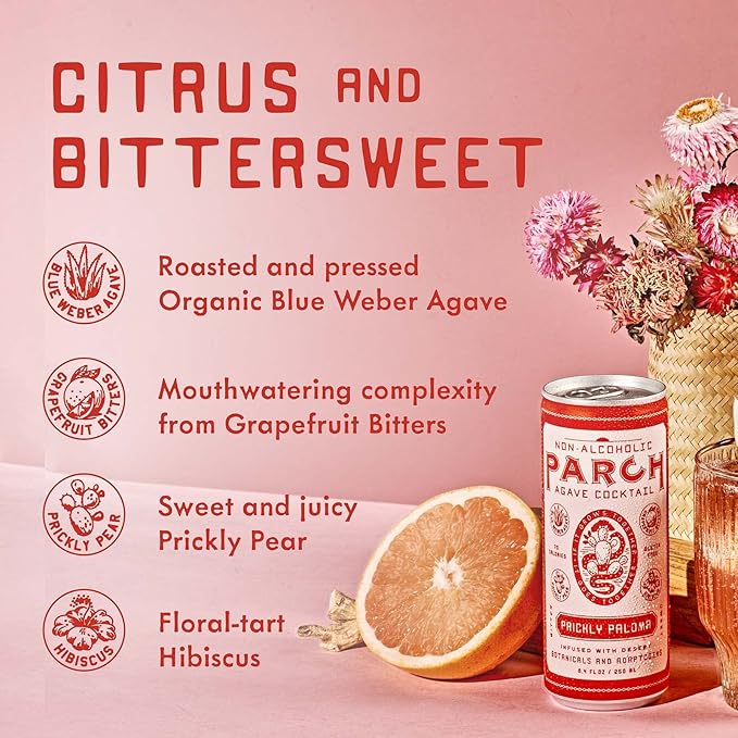 PARCH Prickly Paloma, Ready to Drink Non Alcoholic Agave Cocktail Infused with Desert Botanicals & Adaptogens, Plant Based, Gluten Free & Vegan, Inspired by the Sonoran Desert (8.4 oz x 8 pack)