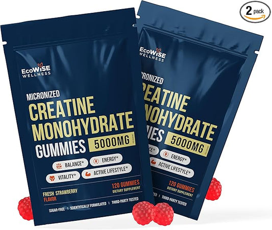 EcoWise Wellness 2 Pack Creatine Monohydrate Gummies 5000 mg, Fresh Strawberry Flavor, 120 Sugar-Free Vegan Chews, Creatine Supplement for Daily Routine
