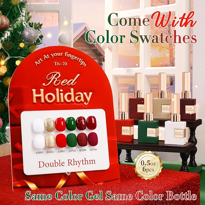 Double Rhythm 6 Pcs 15 ML Gel Polish Set Same Color Same Bottle Soak Off Gel Polish Kit Nail Art Manicure Salon DIY at Home for Women (Glitter Burgundy Red Gold Green White-T6-70)