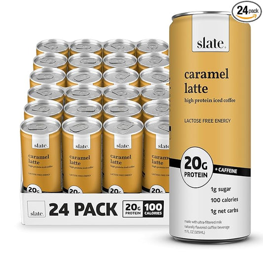 Slate Milk - High Protein Iced Coffee - Caramel Latte - 175mg Caffeine, Lactose Free Energy - 20g Protein, 1g Sugar, 100 Calories, 1g Net Carbs, No Sugar Added - Protein Coffee - 11 fl oz, 24 Cans