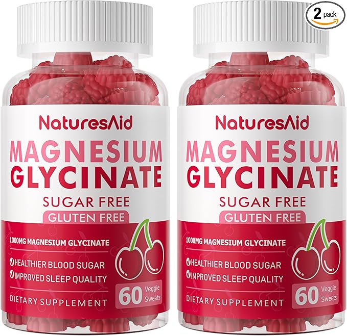 Natures Aid Magnesium Glycinate Gummies 1000mg - Sugar Free Magnesium Potassium Supplement with Vitamin D, B6, CoQ10 for Calm Mood & Sleep Support - 120 Cherry Gummies -2 Pack