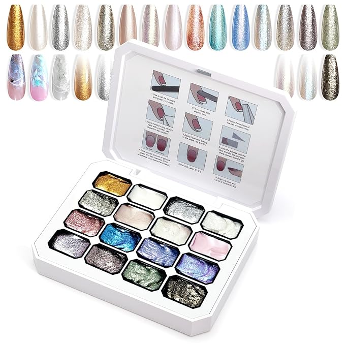 Gradient Painting Gel, 16 Gliter Colors Ombre Gel Nail Polish for Pigment Pat Silver&Gold Pink Blue Aurora color Bright Nails, French Manicure DIY Nail Art No-wipe Palette for Women