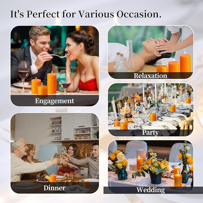 KONNI Orange Pillar Candles Set of 3, 3"x 6" Unscented Pillar Candles Bulk, 56 Hours Long Burning Candles, Smokeless&Dripless Large Round Candle for Wedding, Home Decoration, Parties, Spas, Dinner