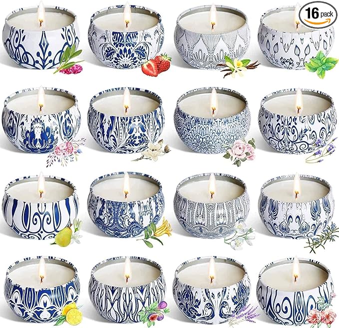 Set of 16 Small Scented Candles Gifts,Blue and White Aroma Naturals Candles,2.5 OZ Soy Wax Travel Tin Jar Candles,Appropriate Gifts for Mom,Christmas, Birthday, Thanksgiving,Christmas Celebrations.