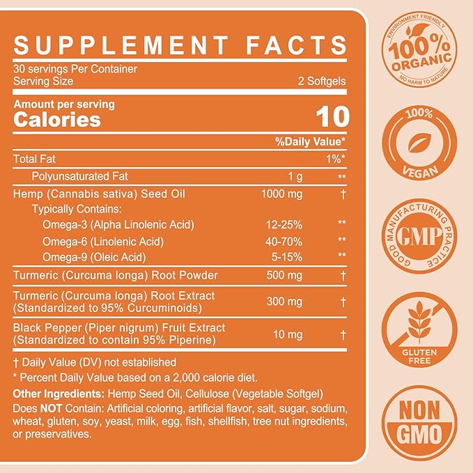 2 Pack Hēmp Oil Capsules with Turmeric - Organic Hēmp Seed Oil Pills with Turmeric Curcumin, Black Pepper - Vegan Omega 3 & 6 Supplement - Extra Strength & Absorption - 120 Softgels