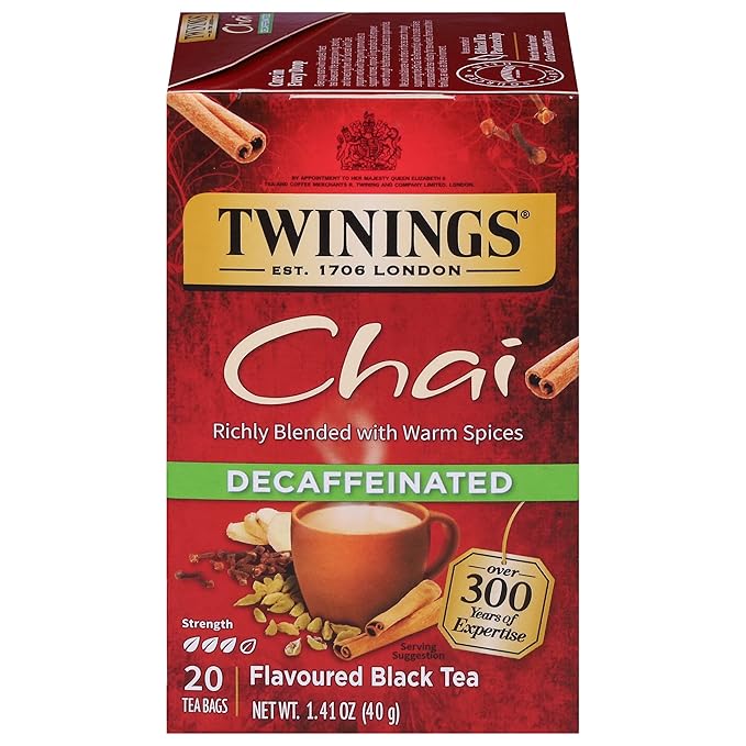 Twinings Decaffeinated Chai Individually Wrapped Bags, 20 Count (Pack of 1), Sweet, Savoury Spices, Enjoy Hot or Iced, 20 Teabags
