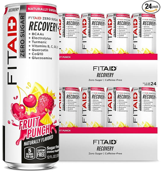 FITAID ZERO, Keto-Friendly, Number 1 Post-Workout Recovery Drink, Contains Zero Sugar, BCAAs, Glucosamine, 5 Calories, Fruit Punch, 12 Fl Oz (Pack of 24)