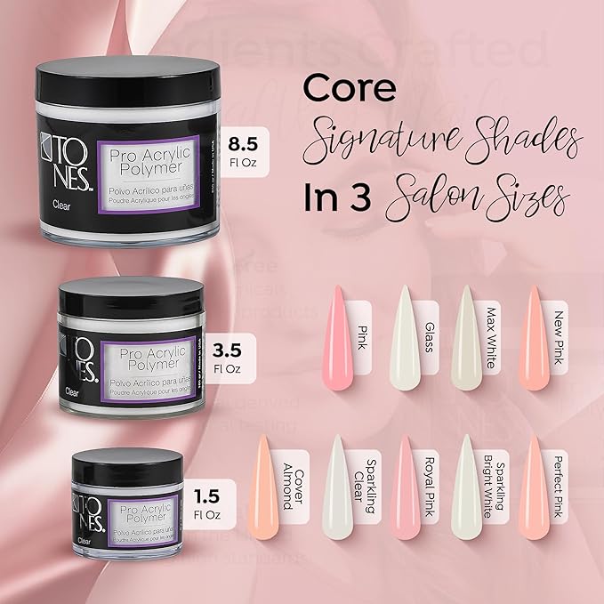 Tones Pro Acrylic Nail Powder, Sparkling Clear (Clear with Sparkles), (8.5 Fl Oz) - Long-Lasting & Non-Yellowing Polymer for Salon Quality Nail Extensions & 3D Art