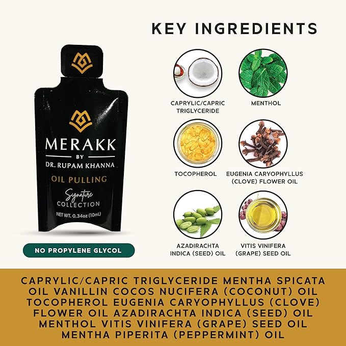 Merakk Coconut Oil Pulling for Teeth and Gums - Ayurvedic Coconut Pulling Oil for Teeth and Gums w/Clove & Grape Seed Oil - Whitening Oil Pulling Mouthwash - Oil Pulling Oral Rinse - 10 Sachets, 10ml