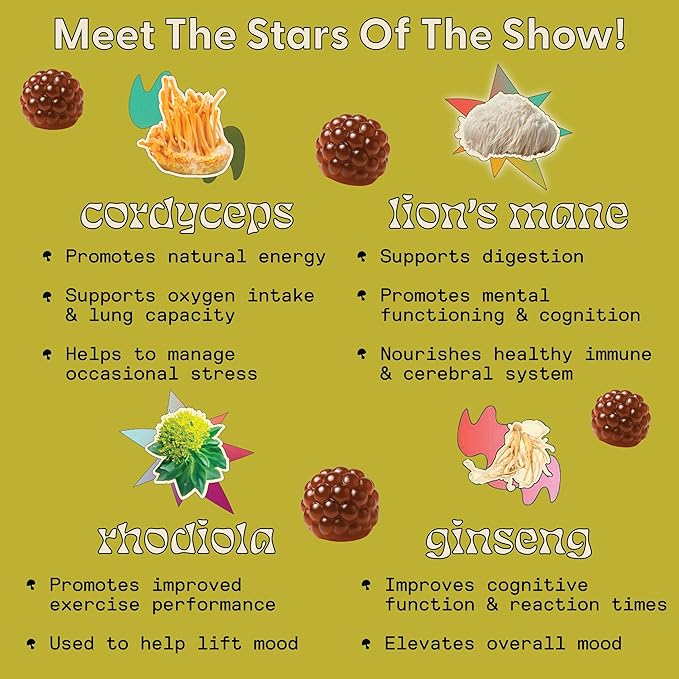 Energy Mushroom Gummies - Organic Lions Mane Supplement with Cordyceps, Rhodiola, L-Theanine, Maca - Vegan & Sugar-Free - Energy, Focus, Stamina, Stress Reduction - 60 Gummies (30 Servings)