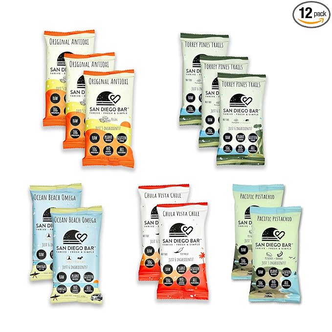 San Diego Bar - Raw, Vegan Protein Bar | Variety Pack 12 Bars, All Natural, Gluten & Soy Free - Nutrition Meal Bar with No Added Sugars | 5 Flavors, 10g Protein from Only 6 Natural Whole Food Ingredients